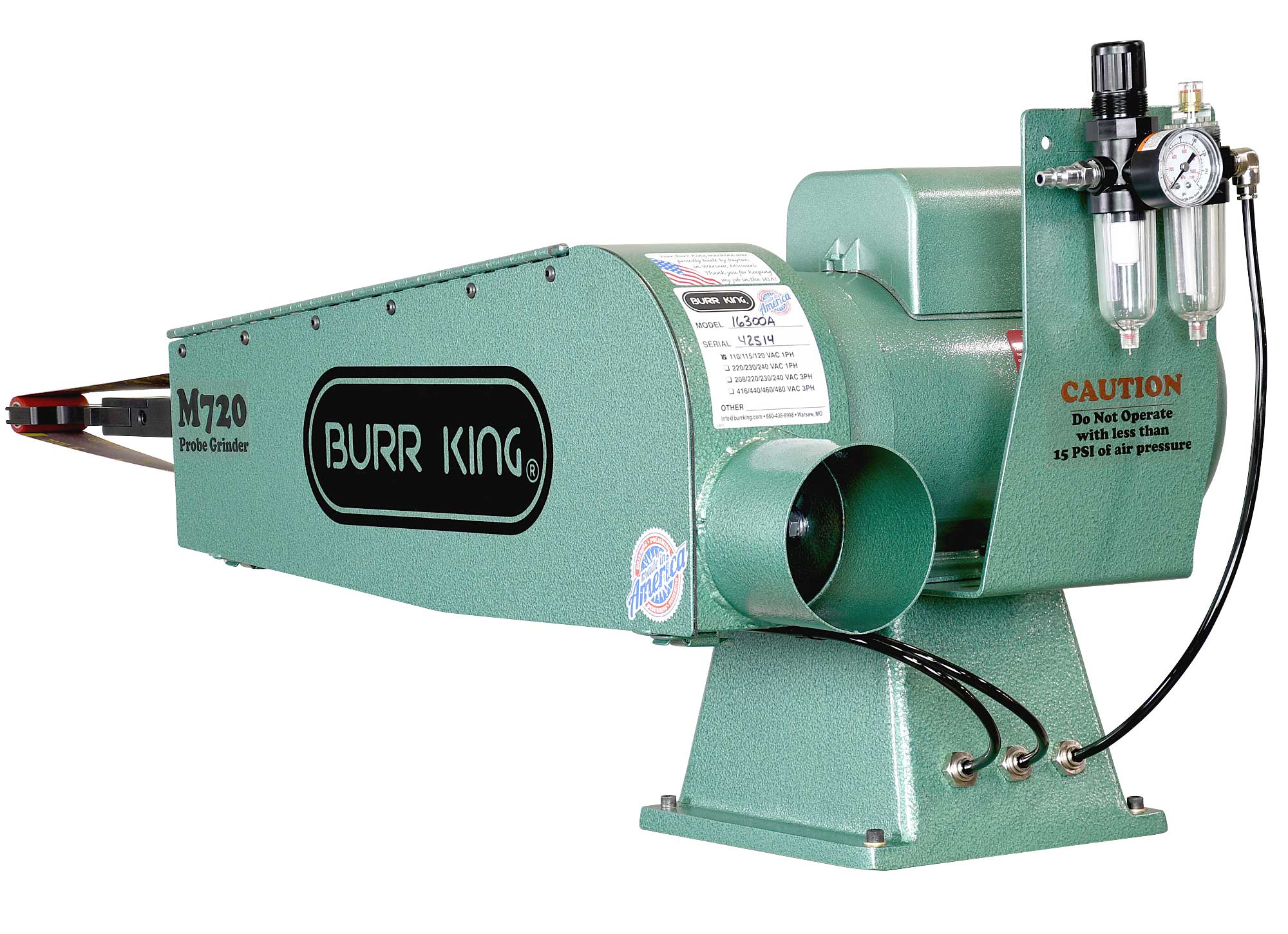 16300A -  Air tension fixed speed M720 probe grinder features air regulator/filter/oilier and a dust extraction point